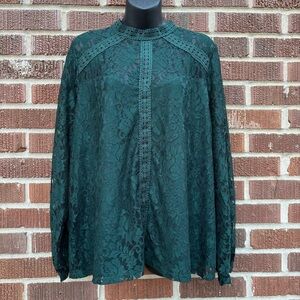 Cable & Gauge Women's Green Lace lined sheer holiday Top Blouse Size XL